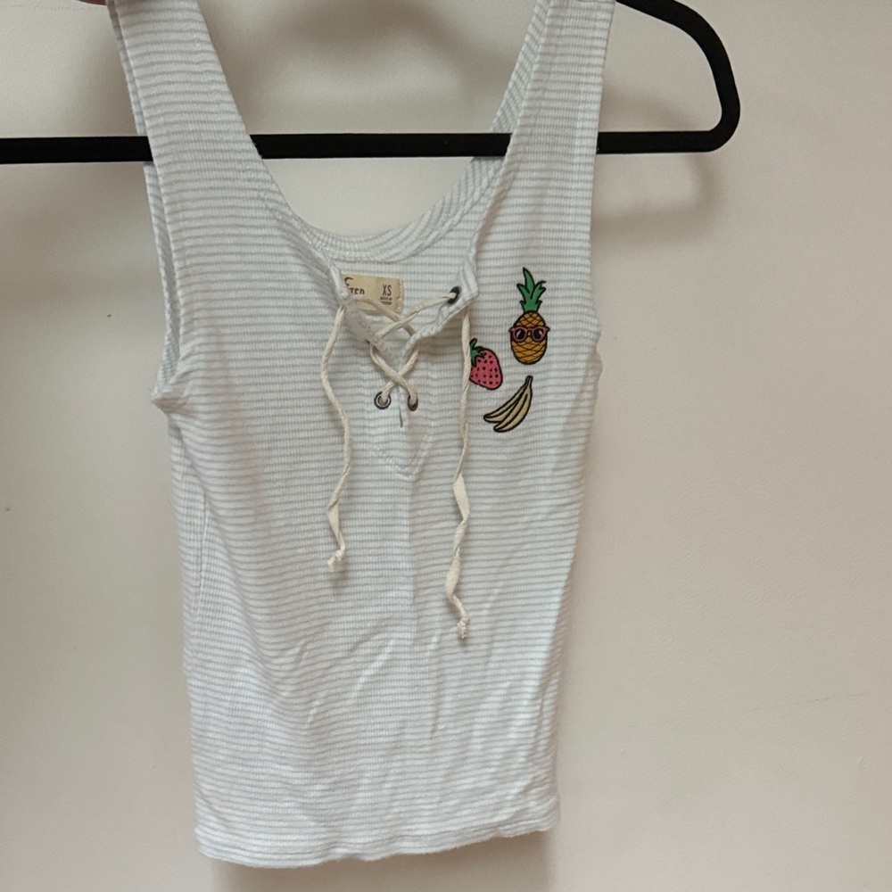 Hollister White Striped Tank Top with Fruit Embroidery